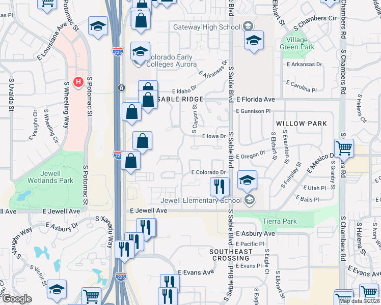 map of restaurants, bars, coffee shops, grocery stores, and more near 14153 East Montana Circle in Aurora
