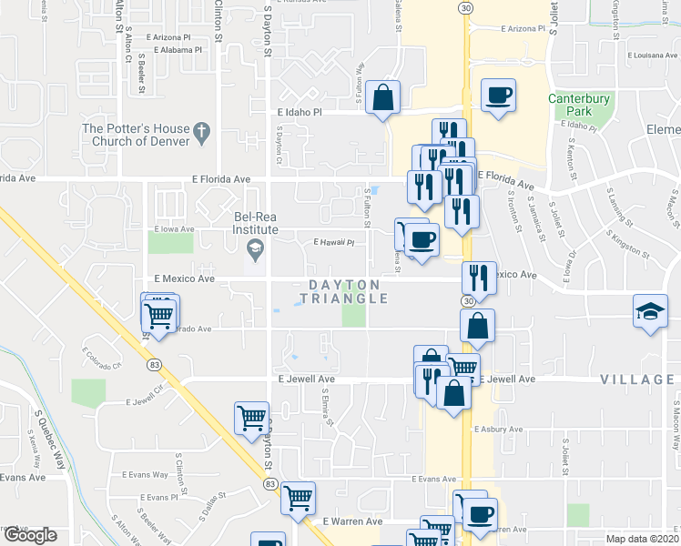 map of restaurants, bars, coffee shops, grocery stores, and more near 9950 East Mexico Avenue in Denver