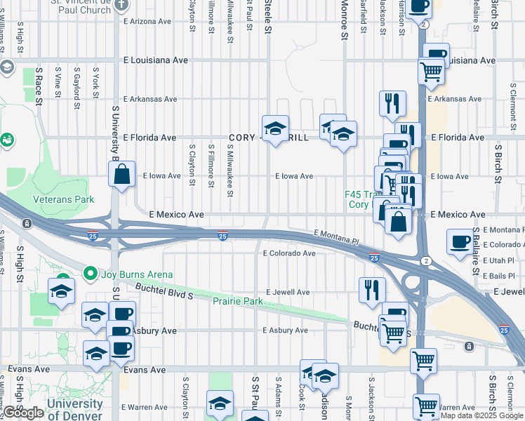 map of restaurants, bars, coffee shops, grocery stores, and more near 3100 East Mexico Avenue in Denver
