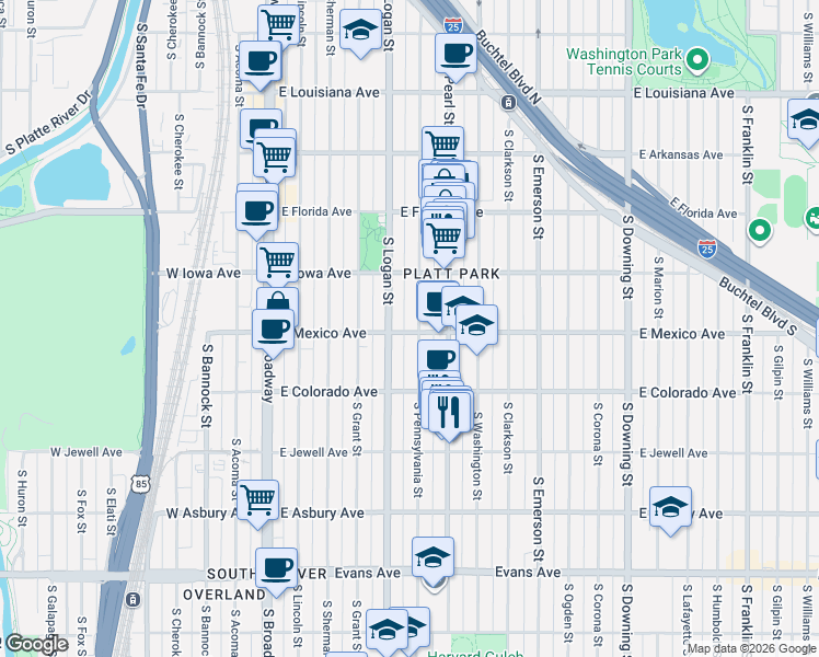 map of restaurants, bars, coffee shops, grocery stores, and more near 1709 South Pennsylvania Street in Denver
