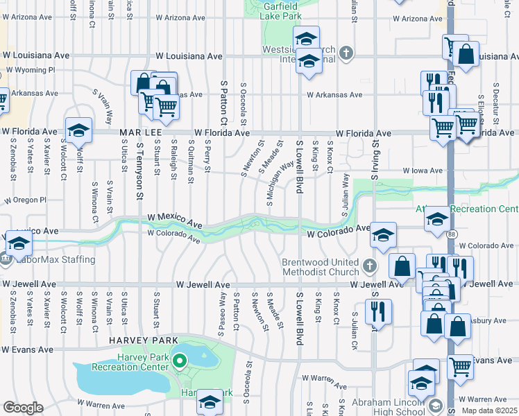 map of restaurants, bars, coffee shops, grocery stores, and more near 1699 South Meade Street in Denver
