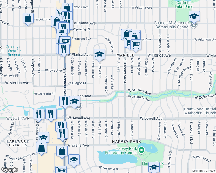 map of restaurants, bars, coffee shops, grocery stores, and more near 1697 South Vrain Street in Denver