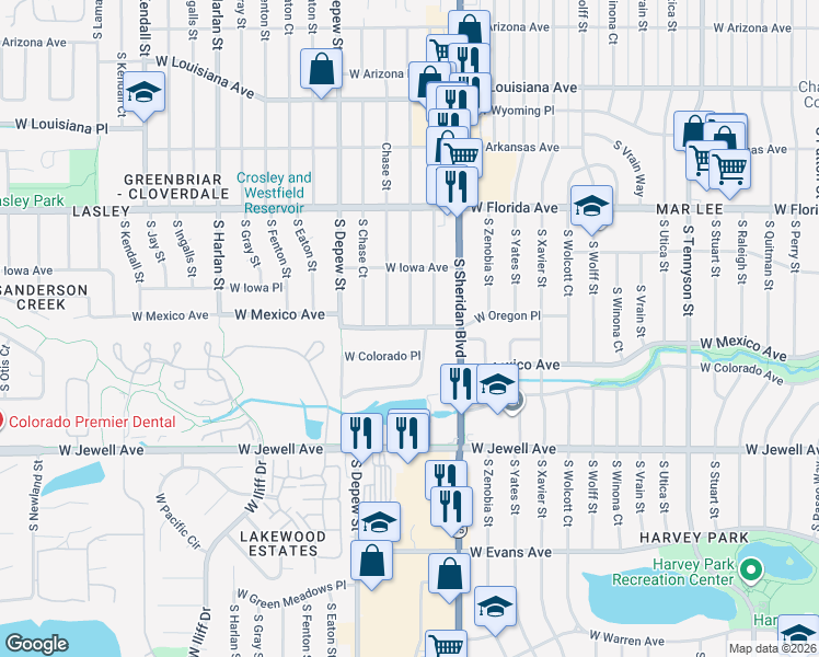 map of restaurants, bars, coffee shops, grocery stores, and more near 5350 West Mexico Avenue in Lakewood