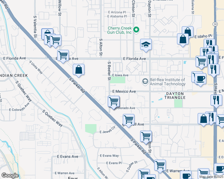 map of restaurants, bars, coffee shops, grocery stores, and more near 9205 East Mexico Avenue in Denver