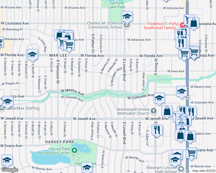 map of restaurants, bars, coffee shops, grocery stores, and more near 1699 South Meade Street in Denver