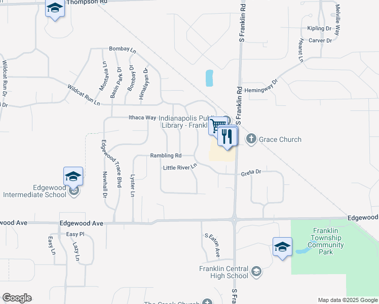 map of restaurants, bars, coffee shops, grocery stores, and more near 8146 Rambling Road in Indianapolis