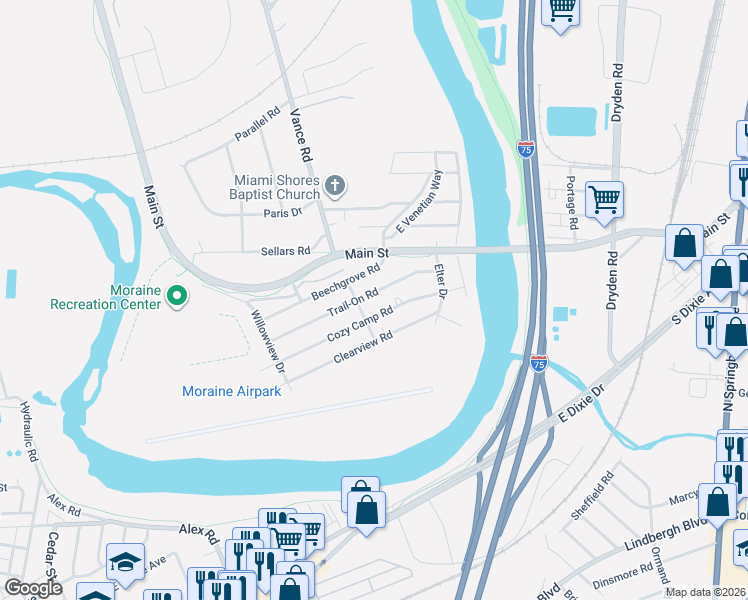 map of restaurants, bars, coffee shops, grocery stores, and more near 3501 Cozy Camp Road in Moraine