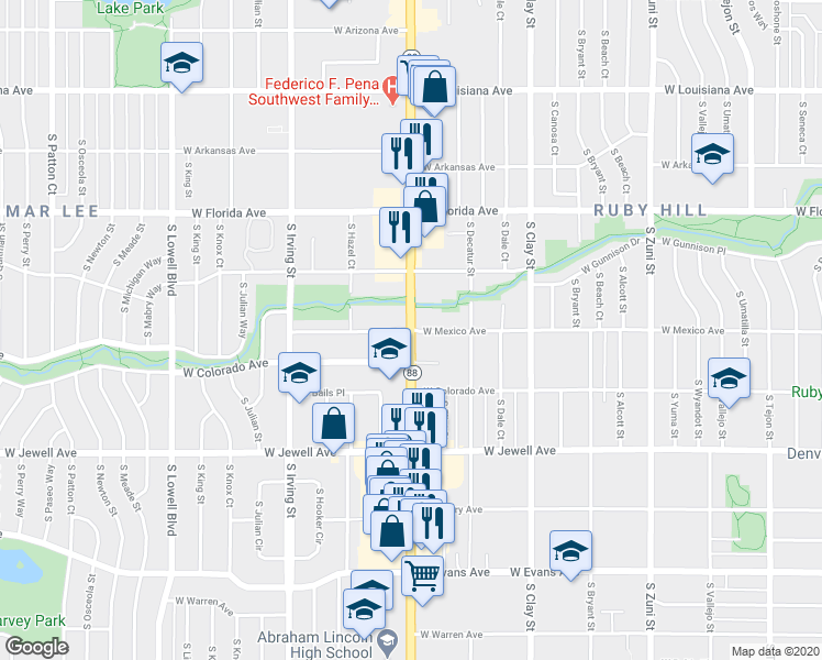 map of restaurants, bars, coffee shops, grocery stores, and more near South Federal Boulevard & West Mexico Avenue in Denver