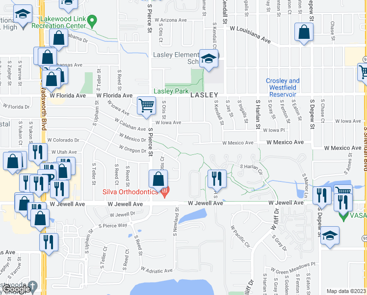 map of restaurants, bars, coffee shops, grocery stores, and more near 6568 West Oregon Avenue in Lakewood