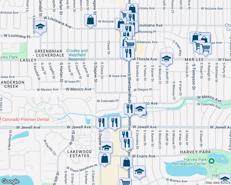 map of restaurants, bars, coffee shops, grocery stores, and more near 5350 West Mexico Avenue in Lakewood
