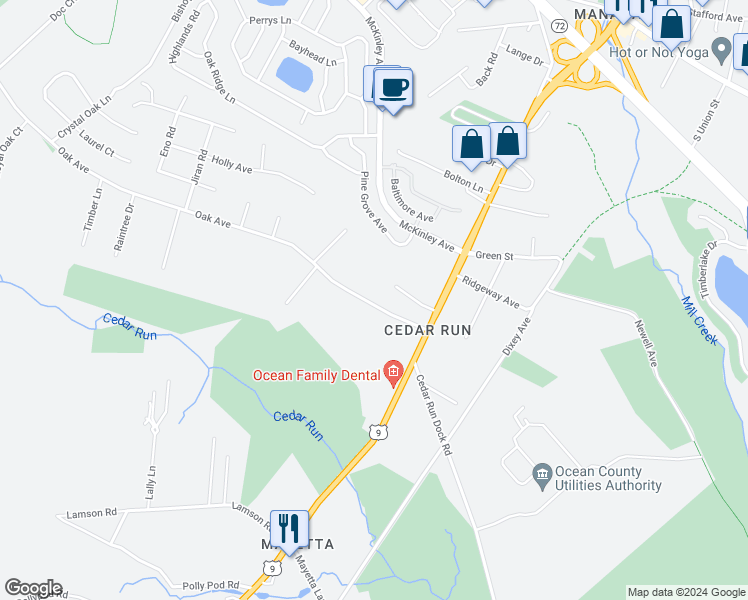 map of restaurants, bars, coffee shops, grocery stores, and more near 48 Oak Avenue in Stafford Township