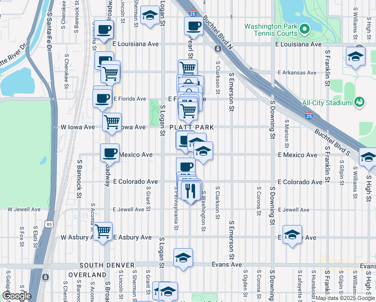 map of restaurants, bars, coffee shops, grocery stores, and more near 1711 South Pearl Street in Denver