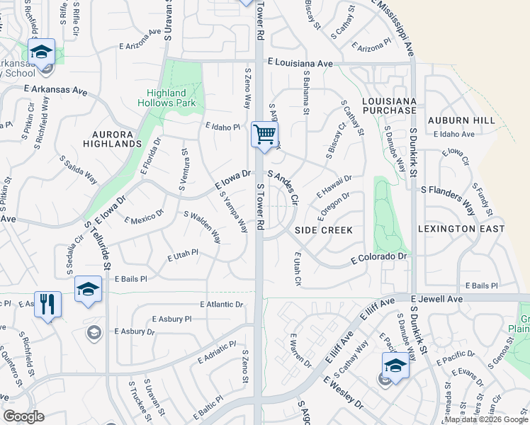 map of restaurants, bars, coffee shops, grocery stores, and more near in Aurora