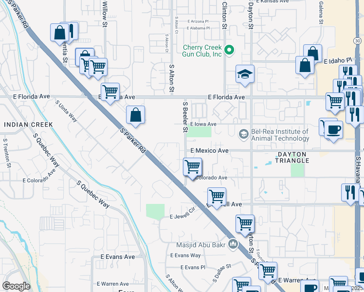 map of restaurants, bars, coffee shops, grocery stores, and more near 9205 East Mexico Avenue in Denver