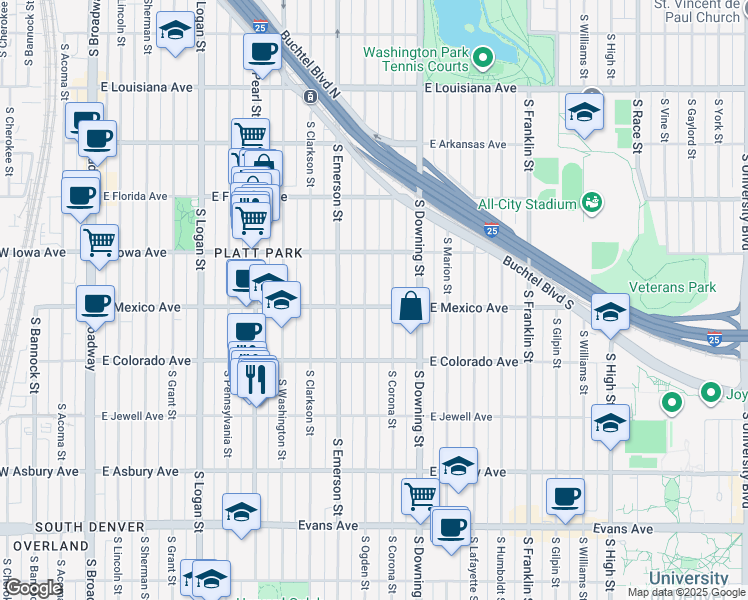 map of restaurants, bars, coffee shops, grocery stores, and more near 1711 South Ogden Street in Denver