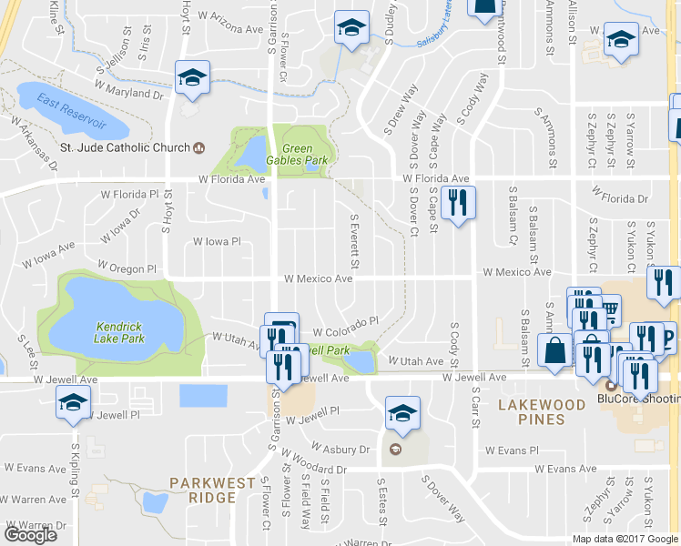 map of restaurants, bars, coffee shops, grocery stores, and more near 1705 South Endicott Street in Lakewood