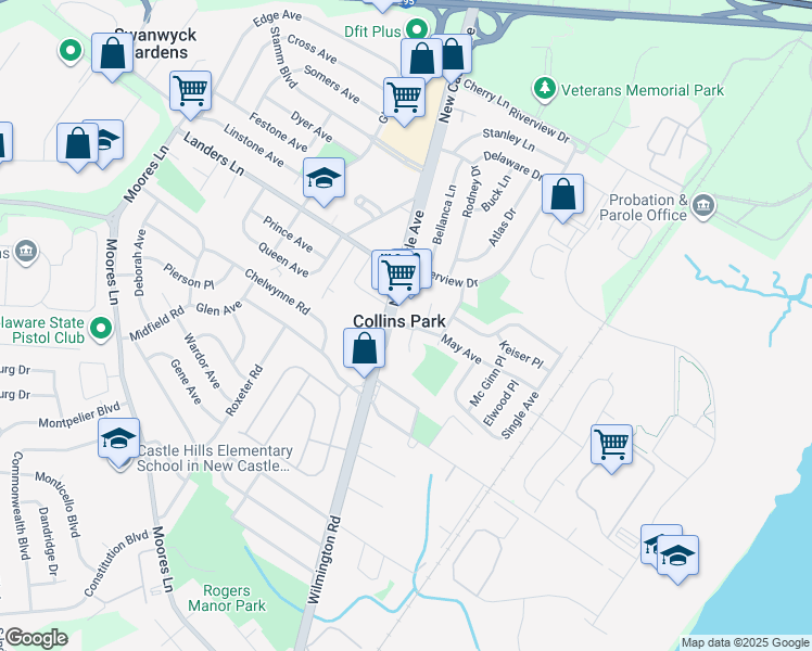 map of restaurants, bars, coffee shops, grocery stores, and more near 303 Frazer Place in New Castle