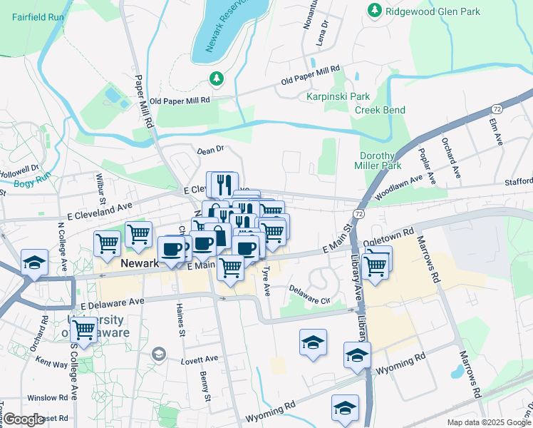 map of restaurants, bars, coffee shops, grocery stores, and more near 276 East Main Street in Newark