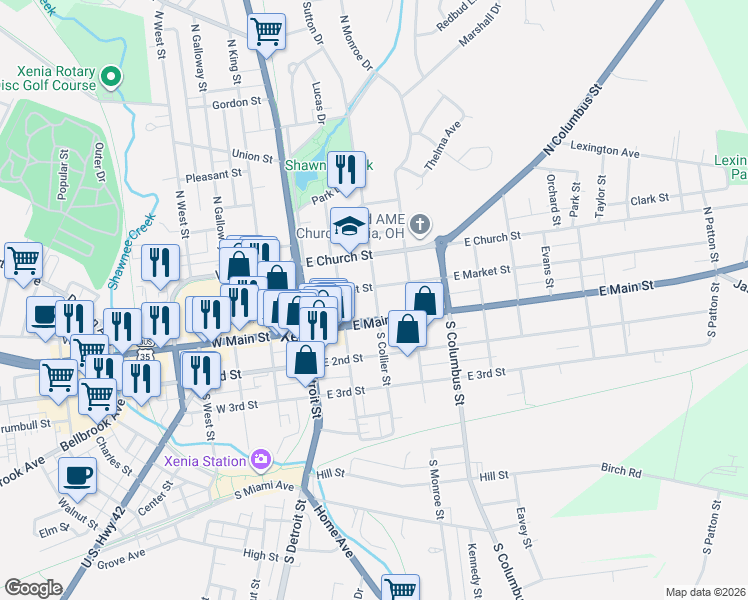 map of restaurants, bars, coffee shops, grocery stores, and more near 168 East Main Street in Xenia