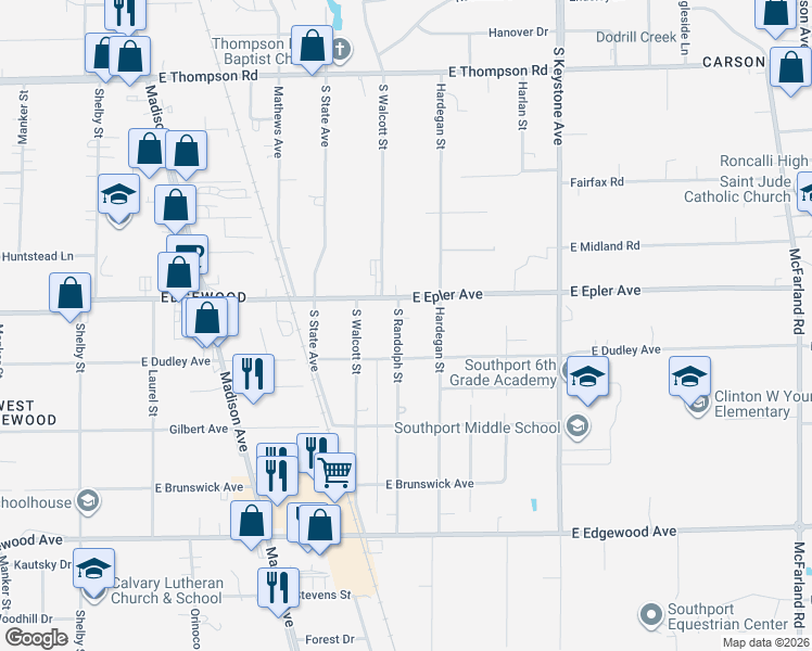 map of restaurants, bars, coffee shops, grocery stores, and more near 5546 South Randolph Street in Indianapolis