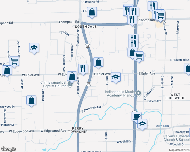 map of restaurants, bars, coffee shops, grocery stores, and more near 5522 Rue Royale in Indianapolis