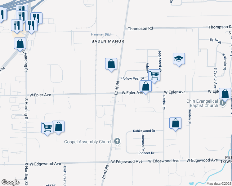 map of restaurants, bars, coffee shops, grocery stores, and more near Bluff Rd & W Epler Ave in Indianapolis