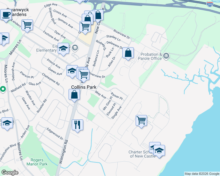 map of restaurants, bars, coffee shops, grocery stores, and more near 112 Blue Hen Road in New Castle