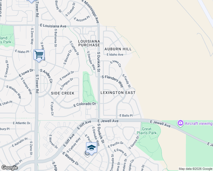 map of restaurants, bars, coffee shops, grocery stores, and more near 1729 South Ensenada Way in Aurora