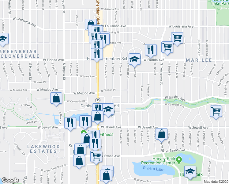 map of restaurants, bars, coffee shops, grocery stores, and more near 4960 West Oregon Place in Denver