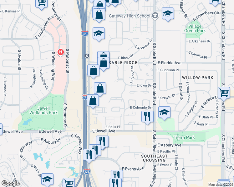map of restaurants, bars, coffee shops, grocery stores, and more near 1681f East Blackhawk Way in Aurora