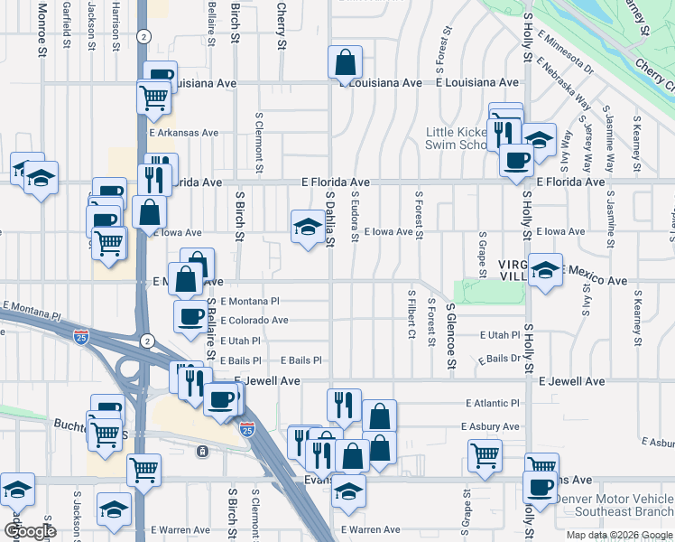map of restaurants, bars, coffee shops, grocery stores, and more near 1701 South Eudora Street in Denver