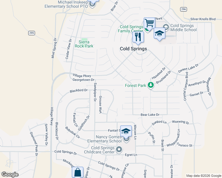 map of restaurants, bars, coffee shops, grocery stores, and more near 17640 Blackbird Drive in Reno