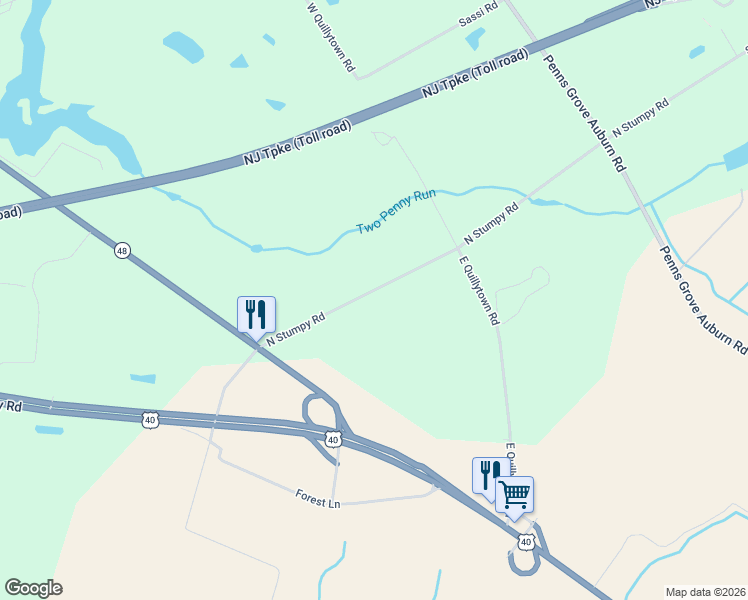 map of restaurants, bars, coffee shops, grocery stores, and more near 27 North Stumpy Road in Pedricktown