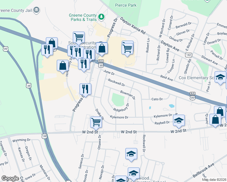 map of restaurants, bars, coffee shops, grocery stores, and more near 486 Ridgebury Drive in Xenia