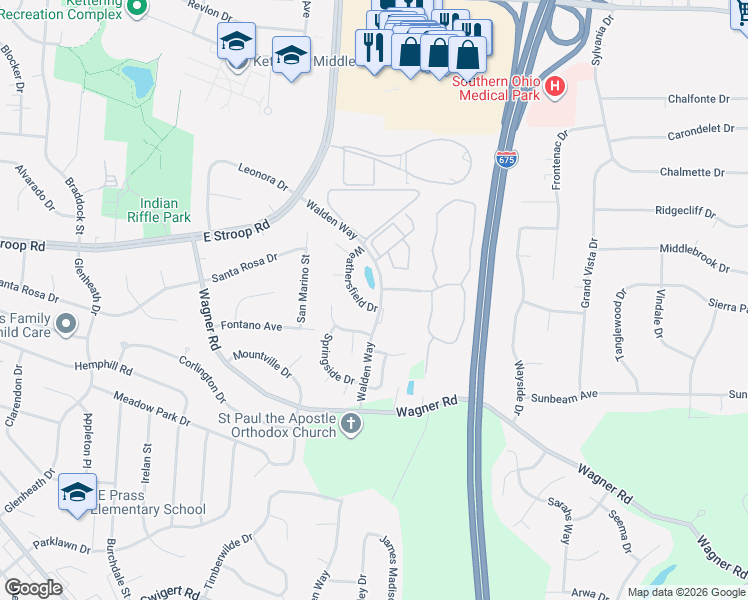 map of restaurants, bars, coffee shops, grocery stores, and more near 379 Weathersfield Drive in Dayton