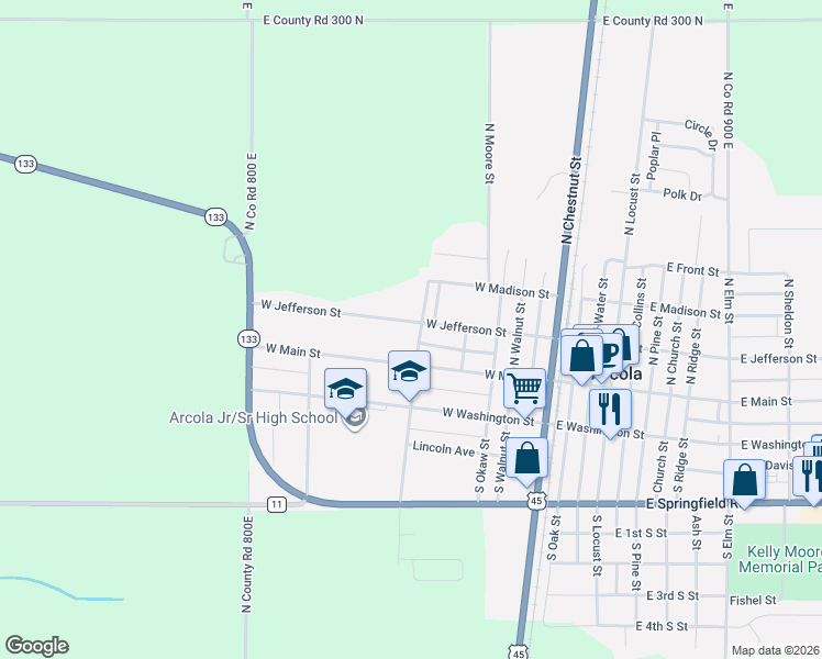 map of restaurants, bars, coffee shops, grocery stores, and more near 110 North Arcola Street in Arcola
