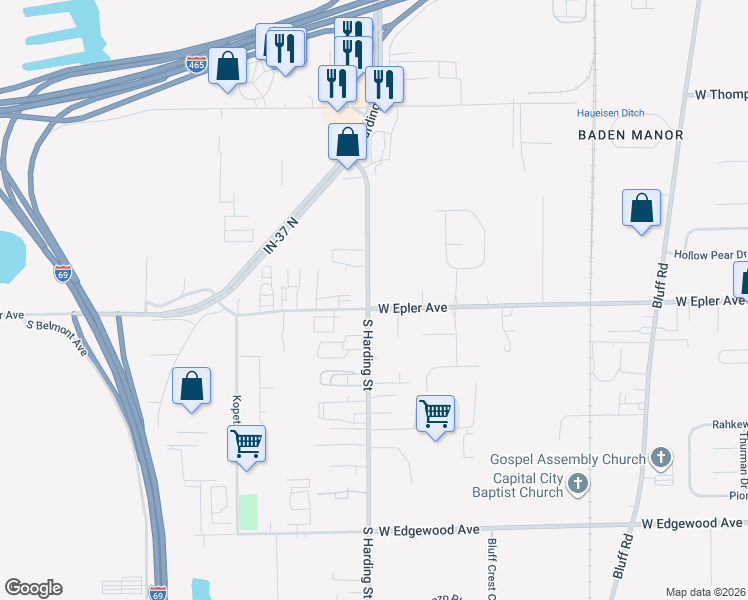 map of restaurants, bars, coffee shops, grocery stores, and more near 5501 South Harding Street in Indianapolis