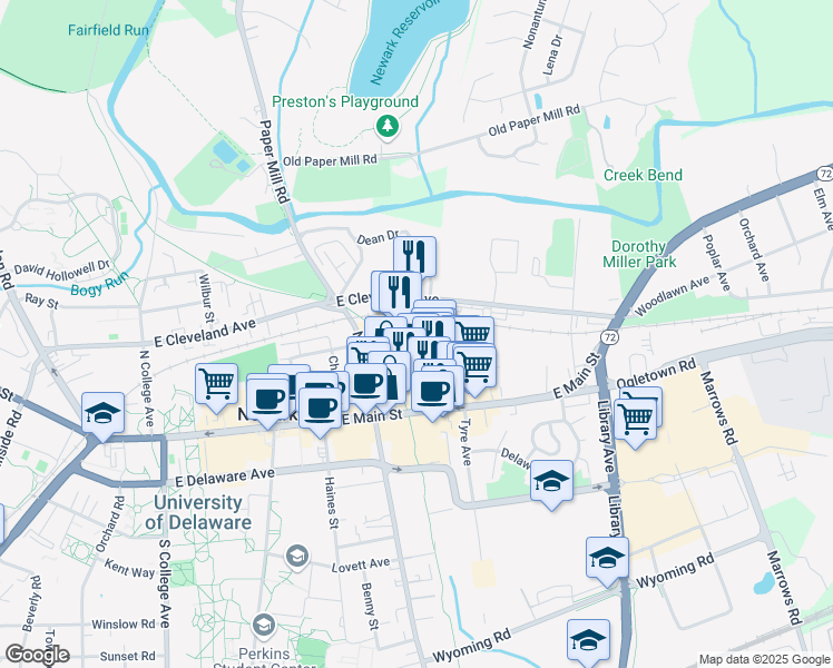 map of restaurants, bars, coffee shops, grocery stores, and more near 250 East Main Street in Newark