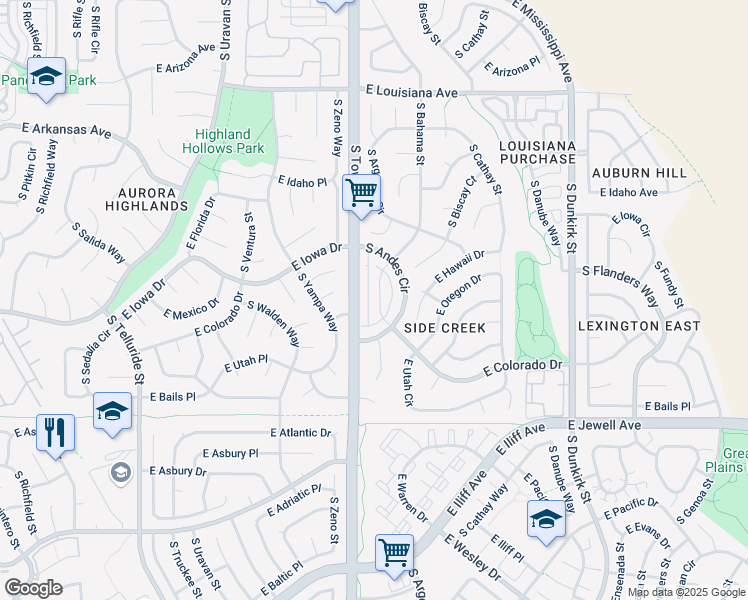 map of restaurants, bars, coffee shops, grocery stores, and more near in Aurora