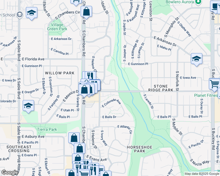 map of restaurants, bars, coffee shops, grocery stores, and more near 15630 East Mexico Avenue in Aurora