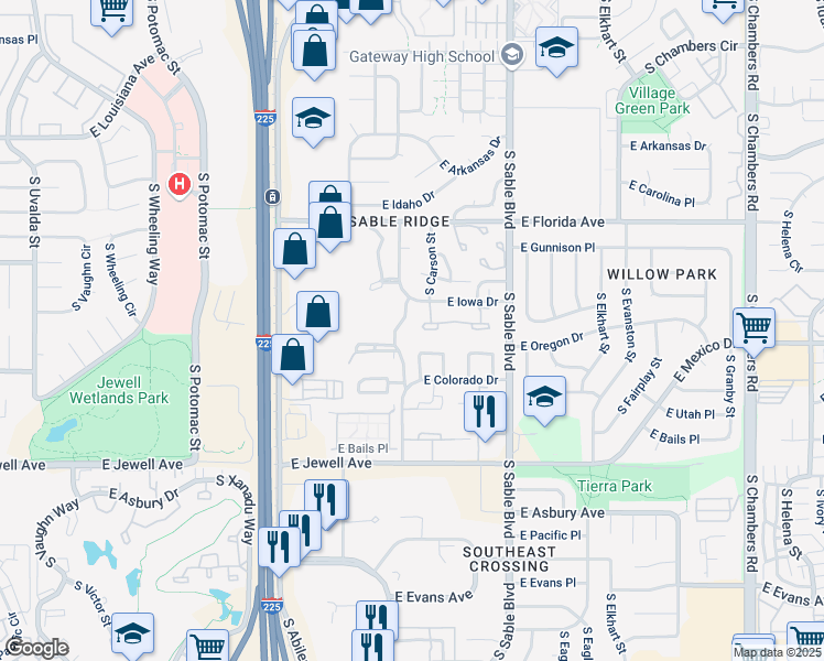 map of restaurants, bars, coffee shops, grocery stores, and more near 14153 East Montana Circle in Aurora