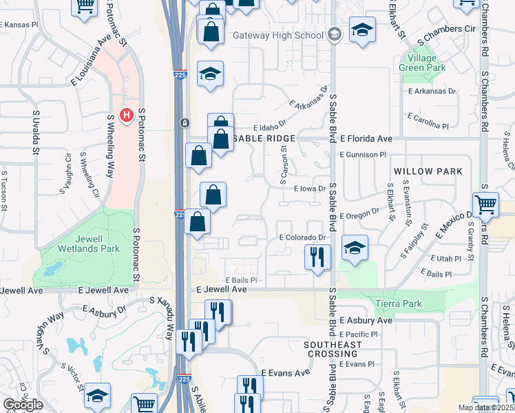 map of restaurants, bars, coffee shops, grocery stores, and more near 1681f East Blackhawk Way in Aurora