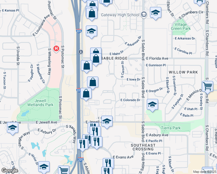 map of restaurants, bars, coffee shops, grocery stores, and more near 1681f East Blackhawk Way in Aurora