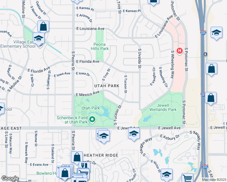 map of restaurants, bars, coffee shops, grocery stores, and more near 12887 East Mexico Avenue in Aurora