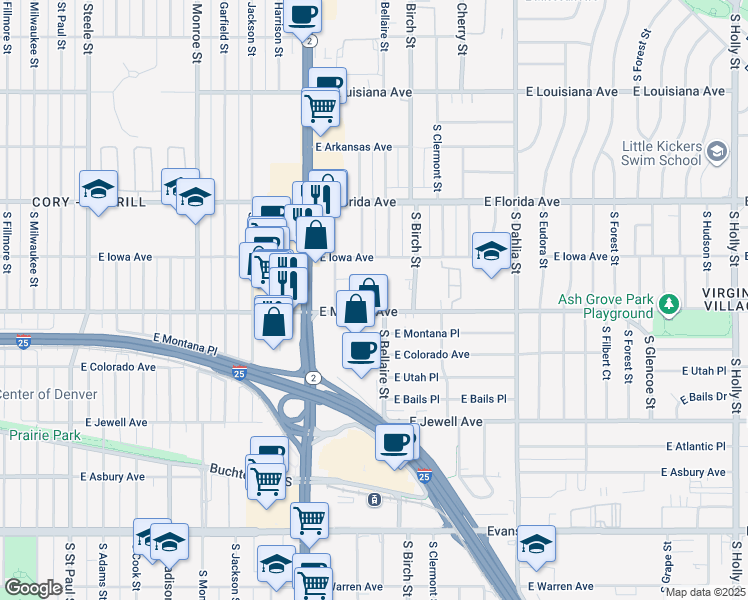 map of restaurants, bars, coffee shops, grocery stores, and more near 1730 South Colorado Boulevard in Denver