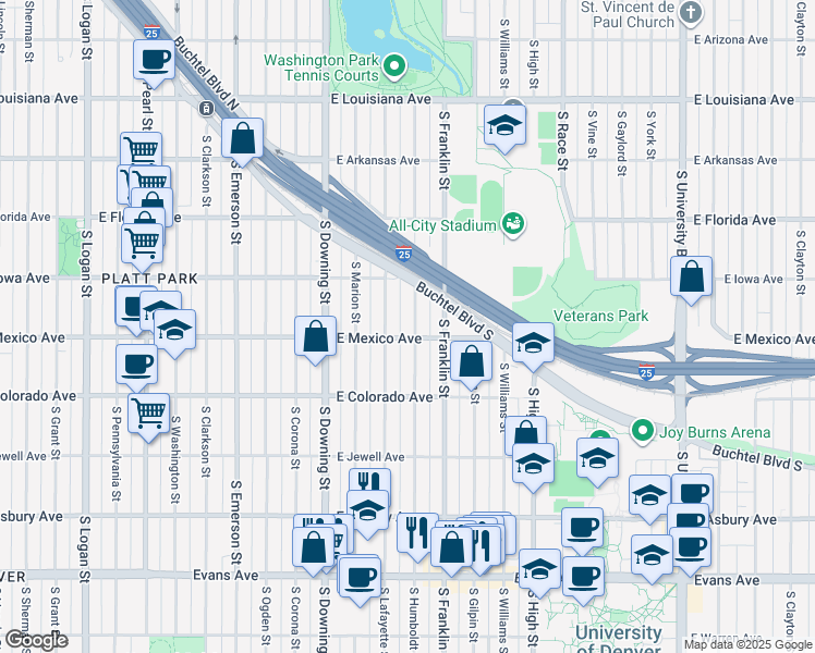 map of restaurants, bars, coffee shops, grocery stores, and more near 1701 South Humboldt Street in Denver