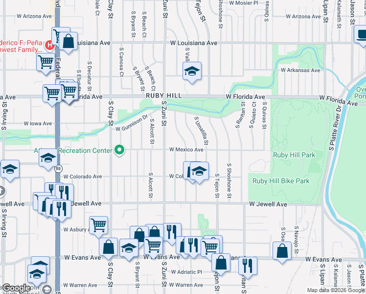map of restaurants, bars, coffee shops, grocery stores, and more near 1720 South Wyandot Street in Denver