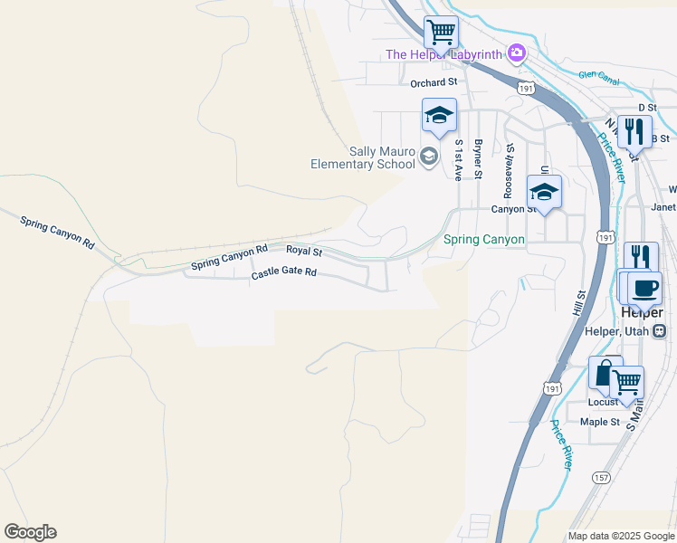 map of restaurants, bars, coffee shops, grocery stores, and more near 719 Castle Gate Road in Helper