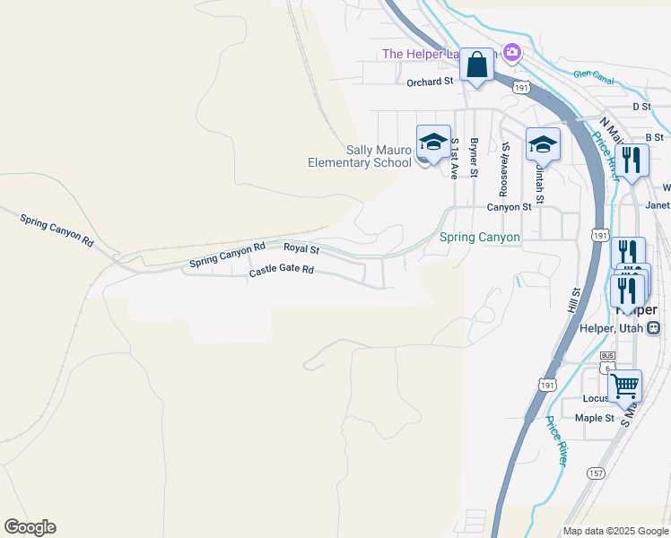 map of restaurants, bars, coffee shops, grocery stores, and more near 719 Castle Gate Road in Helper