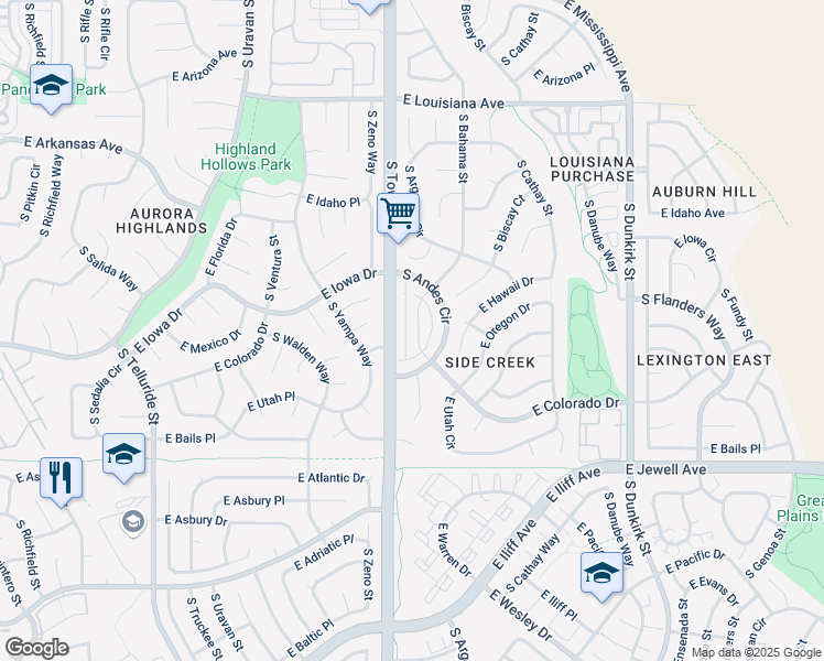 map of restaurants, bars, coffee shops, grocery stores, and more near in Aurora